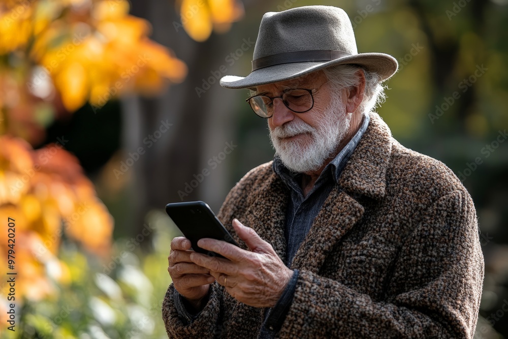 An elderly man with a beard and glasses using a smartphone outdoors, surrounded by autumn foliage, illustrating technology use among seniors. An elderly man with a beard and glasses using a smartphone outdoors, surrounded by autumn foliage, illustrating technology use among seniors.