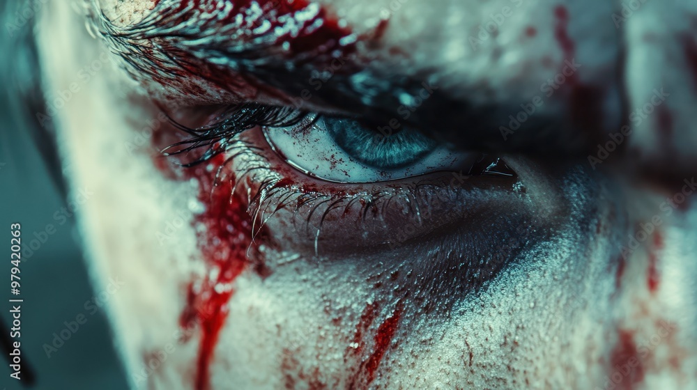 Obraz premium Detailed shot of a bloodied forehead after a high-impact accident, close-up of the injury, 16:9 frame, [trauma], [accident impact].