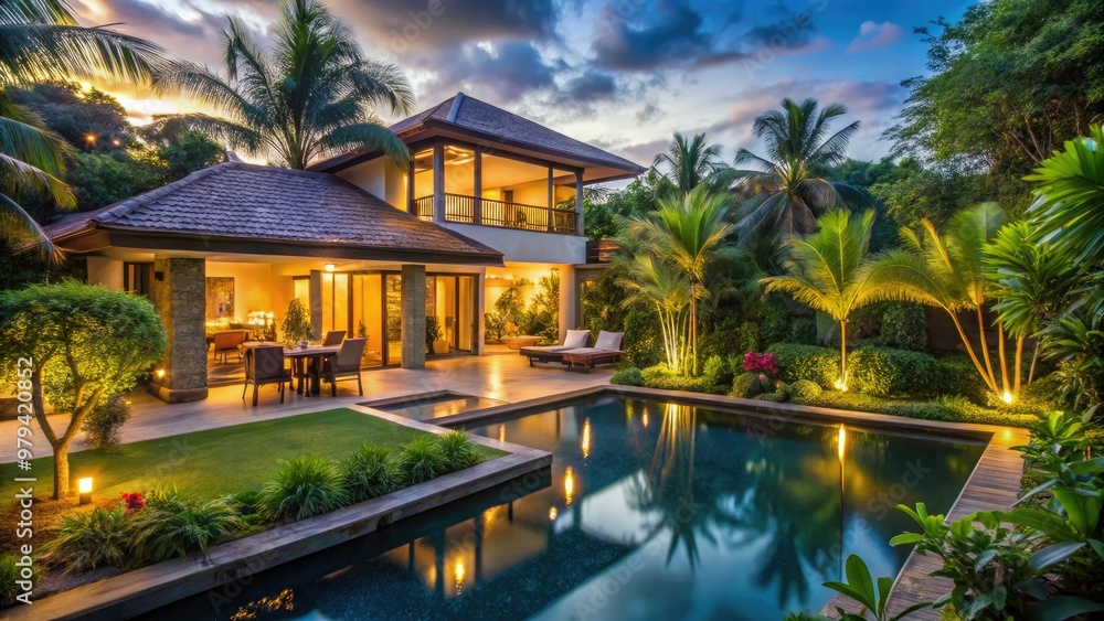 Elegant evening illuminated villa serene tropical lush greenery Elegant evening illuminated villa serene tropical lush greenery