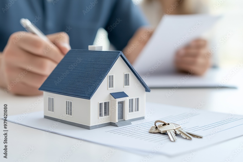 A mature man signing documents with keys and a model house, while a family watches in the background, symbolizing real estate purchase.