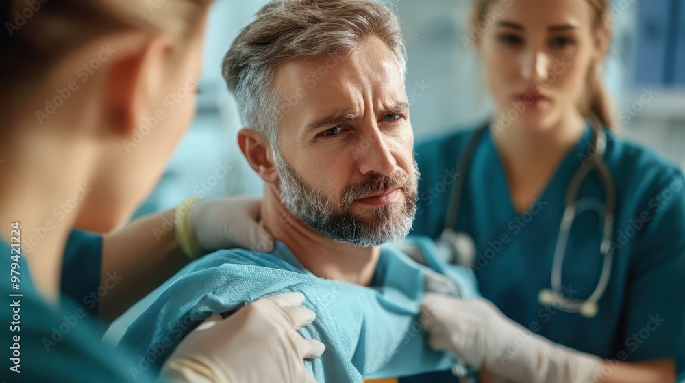 Fototapeta premium Medical team stabilizing an injured shoulder with a safety brace, close-up with focus on patient care, 16:9 wide view, [injured], [medical safety].