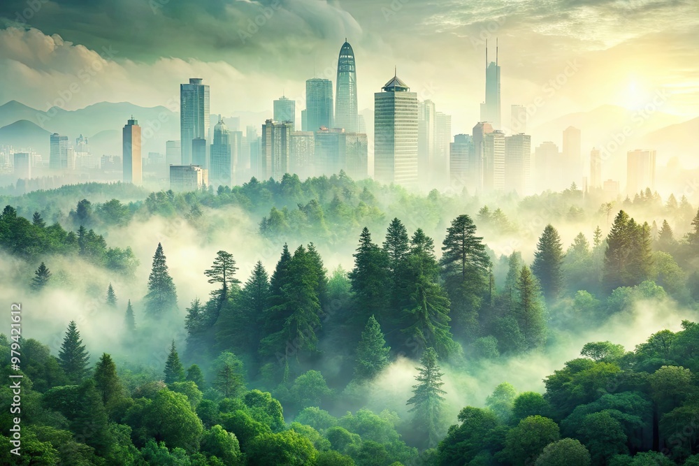 Dreamy double exposure of city skylines merged with misty forests, soft greens, and creamy whites, evoking peace and escapism. Dreamy double exposure of city skylines merged with misty forests, soft greens, and creamy whites, evoking peace and escapism.