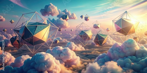 Ethereal 3D visualization of cryptocurrency blockchain, blending geometric shapes with wispy clouds, evoking a sense of limitless possibilities and innovative commerce in soft pastel hues.