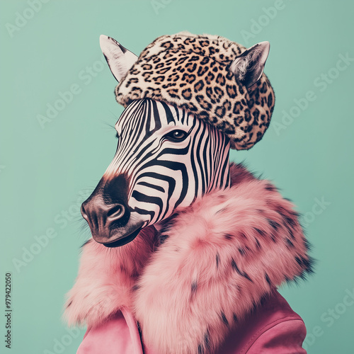 Close-up portrait of cute zebra wearing leopard fur cap on pastel green background