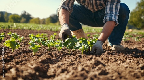 A man is kneeling down in a field of plants