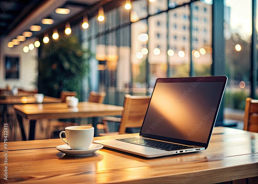 Serene minimalist workspace with a single laptop showcasing user interface design with subtle warm lighting and blurred background of a bustling coffee shop Serene minimalist workspace with a single laptop showcasing user interface design with subtle warm lighting and blurred background of a bustling coffee shop