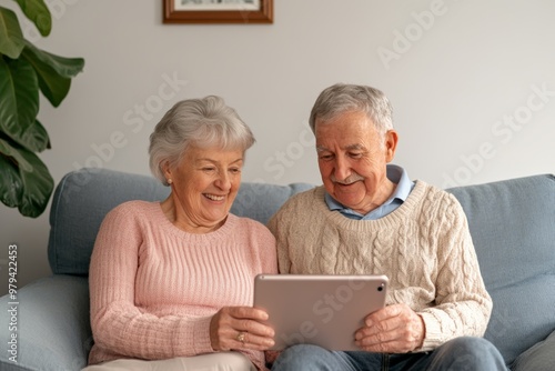 Elderly couple sitting together on a couch, smiling while looking at a tablet, enjoying their time at home.