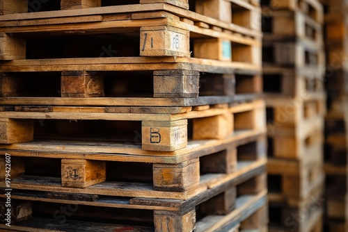 A stack of wooden pallets is neatly arranged in an industrial warehouse, highlighting the organizational structure and wood textures. photo