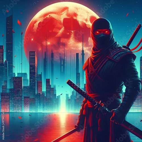 Cool 2D illustration of modern ninja and big red moon, cinematic colors of the city.