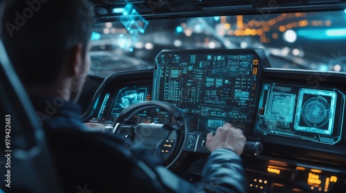 A driver inside the cockpit of a high-tech transport machine, with digital control panels and navigation screens in the background. photo