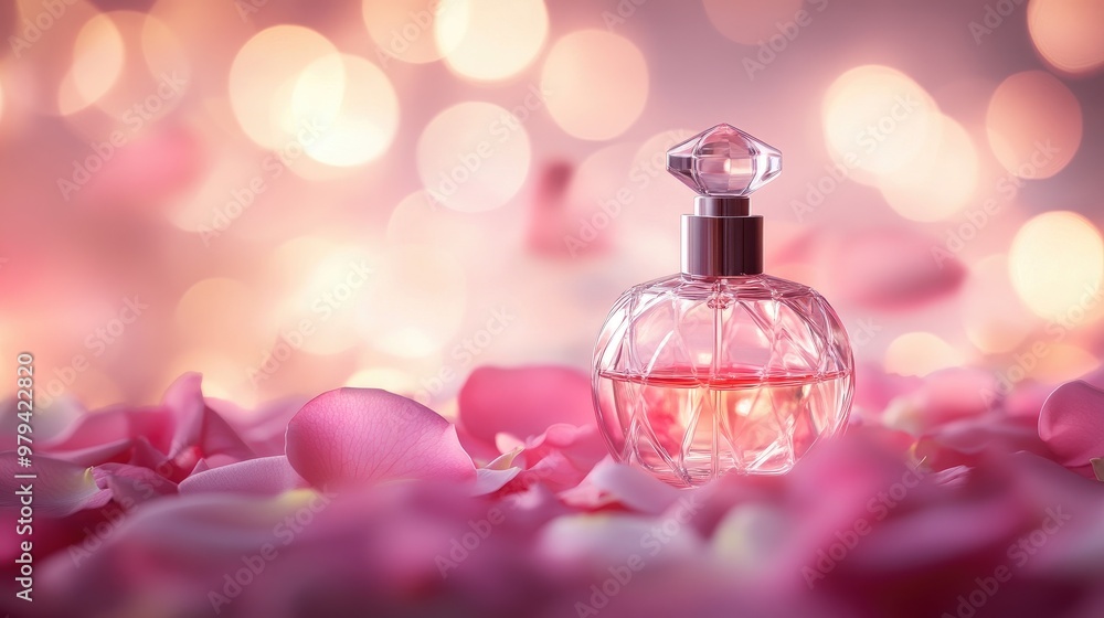Close-up of a perfume bottle with a delicate glass design, resting on a bed of rose petals and surrounded by soft, ambient light Close-up of a perfume bottle with a delicate glass design, resting on a bed of rose petals and surrounded by soft, ambient light