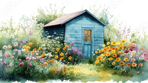 A charming blue shed surrounded by vibrant flowers in a sunny garden, perfect for nature lovers and gardening themes.