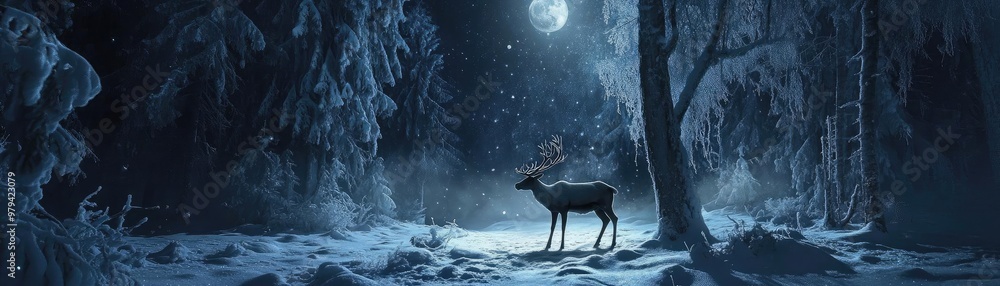 A serene winter night scene featuring a deer amidst snow-covered trees under a bright moon, capturing the beauty of nature. A serene winter night scene featuring a deer amidst snow-covered trees under a bright moon, capturing the beauty of nature.