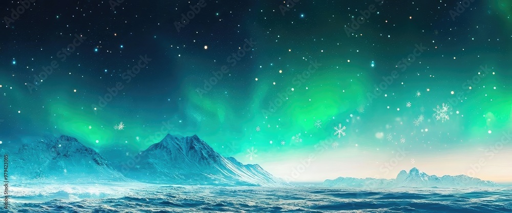 Naklejka premium A magical winter scene with Santa Claus in a sleigh, guided by a reindeer under a mesmerizing northern lights sky.