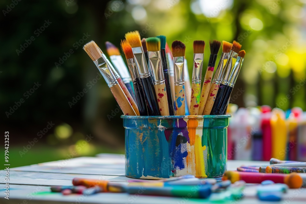 A paint-splattered bucket of paintbrushes on a table, highlighting creativity, artistry, and imaginative expression. A paint-splattered bucket of paintbrushes on a table, highlighting creativity, artistry, and imaginative expression.