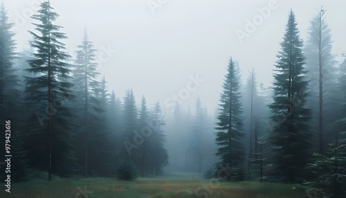 Misty Fog Over Minimalist Coniferous Forest with Expansive Copy Space