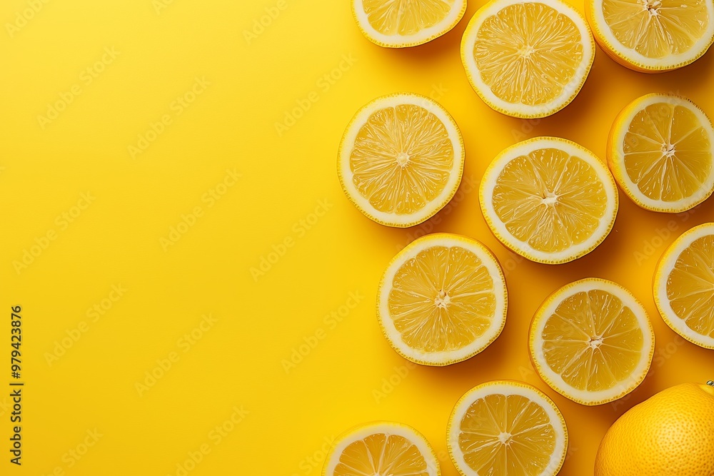Obraz premium Multiple lemon slices arranged aesthetically on a bold yellow background, showcasing their vibrant texture and color.