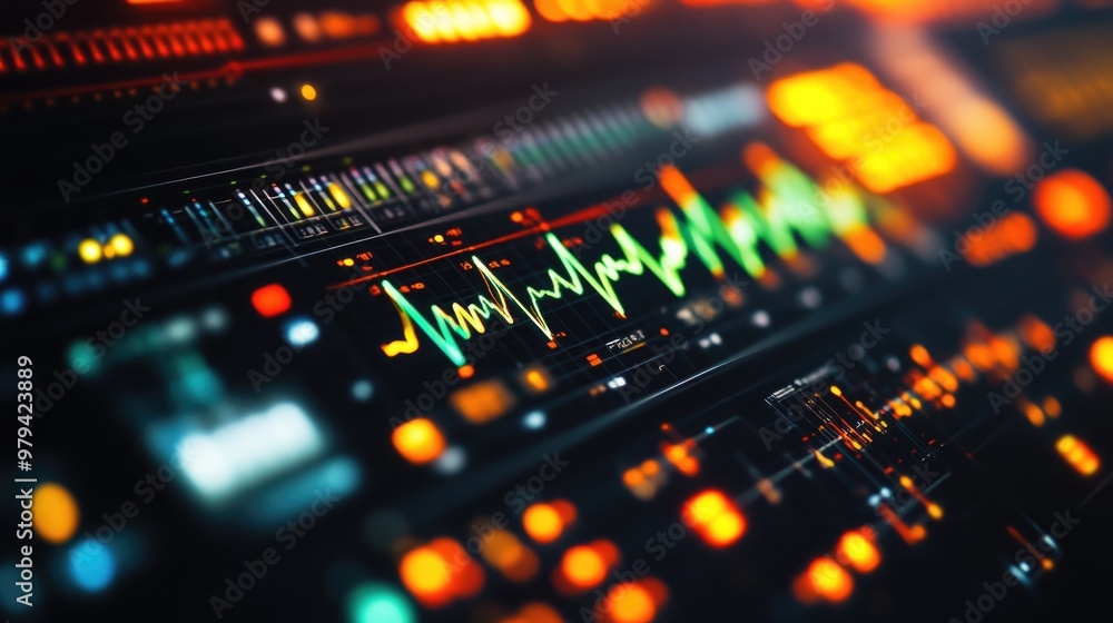 Close-up of a signal processing interface displaying electrical waveforms with various frequencies Close-up of a signal processing interface displaying electrical waveforms with various frequencies
