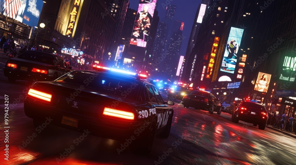 Nighttime scene of police cars responding in a vibrant city with bright lights and reflections. Nighttime scene of police cars responding in a vibrant city with bright lights and reflections.