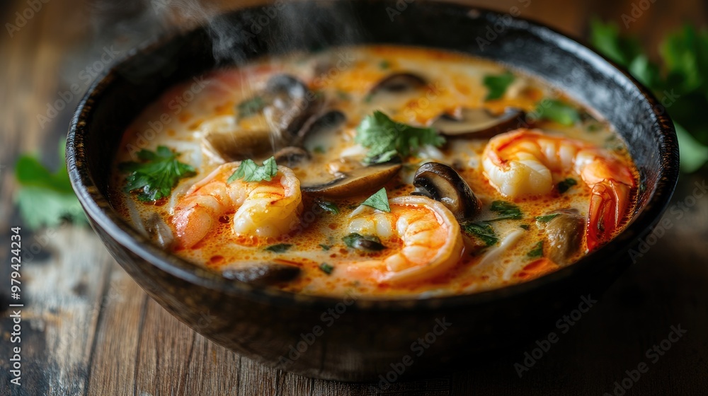 Close-up of a steaming bowl of Tom Yum Goong with plump shrimp, mushrooms, and herbs, set on a rustic wooden table Close-up of a steaming bowl of Tom Yum Goong with plump shrimp, mushrooms, and herbs, set on a rustic wooden table
