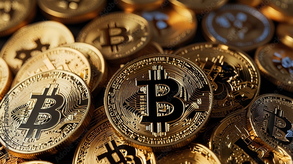 Φωτογραφία Close up stack of golden bitcoin coin of cryptocurrency texture background