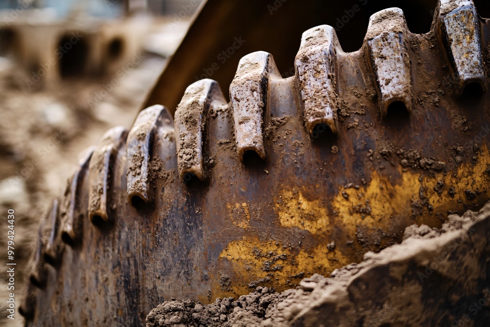Excavator bucket digging into ground, showing power on construction site. Rugged, dirty metal symbolizes industrial development in action Excavator bucket digging into ground, showing power on construction site. Rugged, dirty metal symbolizes industrial development in action