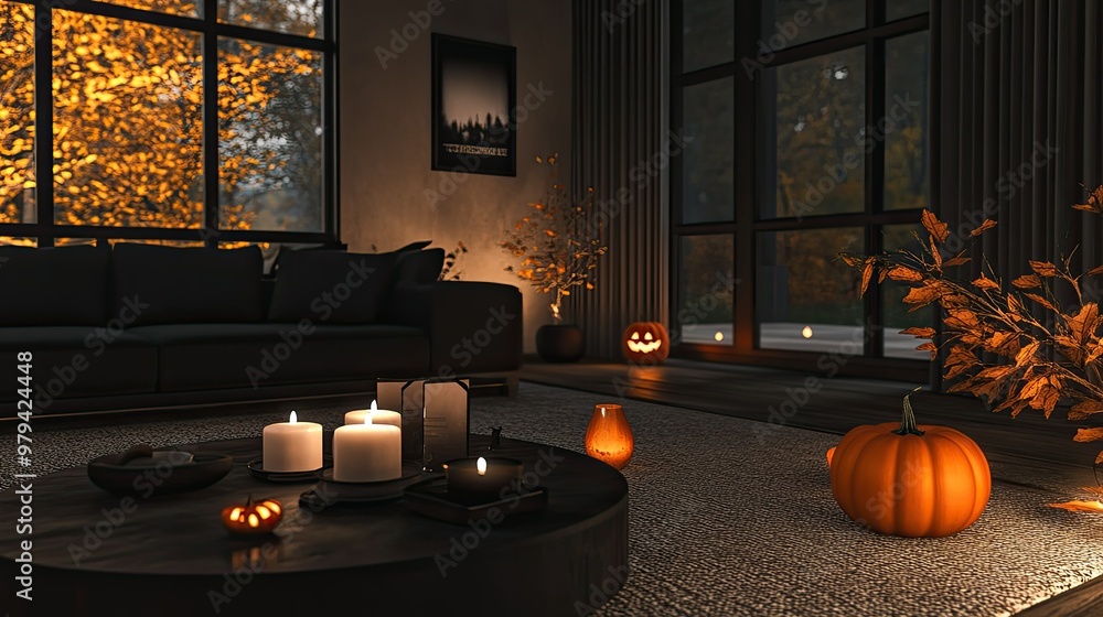 Obraz premium A dark, modern living room filled with the warm glow of Halloween pumpkins and burning candles, setting a spooky and elegant mood.
