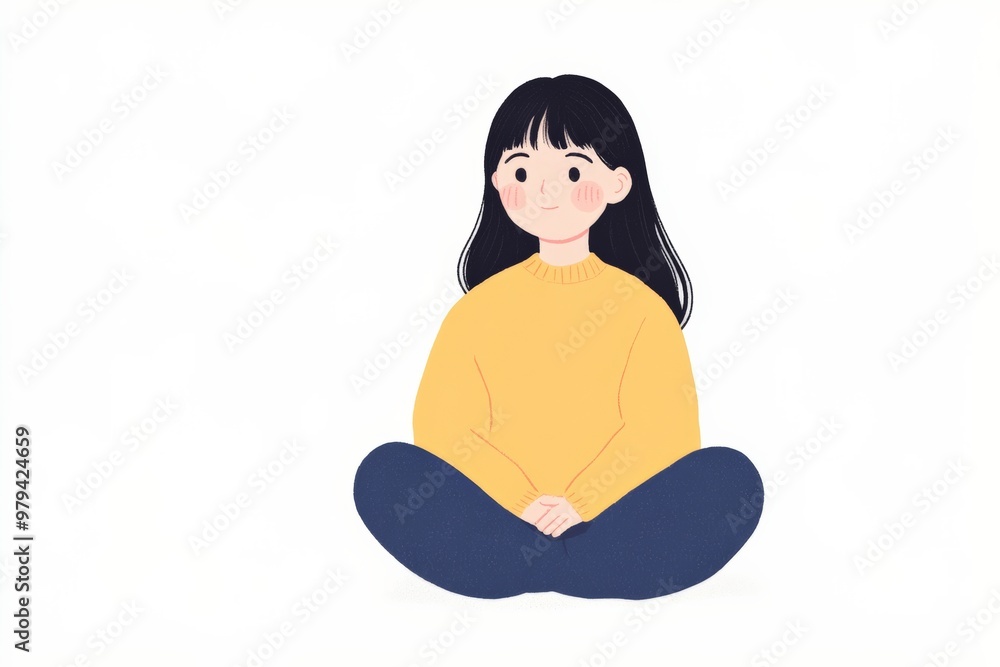 Cute illustration of a young girl meditating in a peaceful pose, promoting mindfulness and inner peace. Cute illustration of a young girl meditating in a peaceful pose, promoting mindfulness and inner peace.