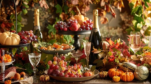 Thanksgiving feast with autumn decorations --ar 16:9 --v 6 Job ID: 0c7f16c1-d2c9-427f-8c86-1f9e1bf5cf87