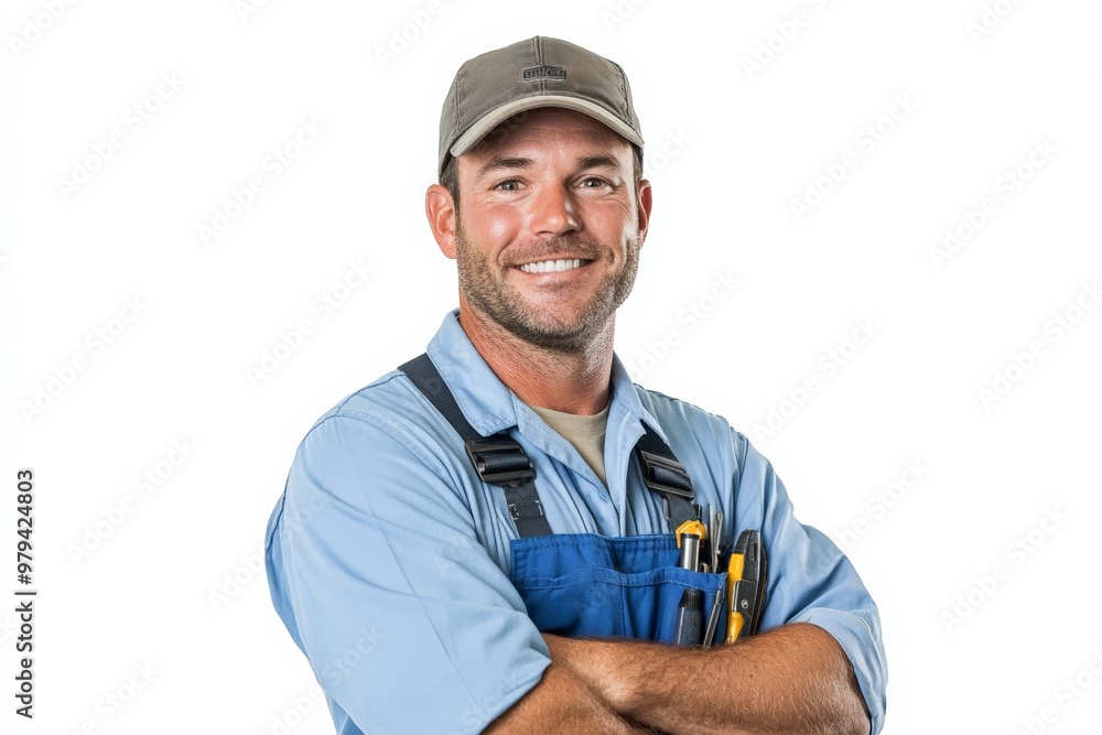 Smiling handyman in a blue uniform, standing with arms crossed, showcasing confidence and expertise. Smiling handyman in a blue uniform, standing with arms crossed, showcasing confidence and expertise.