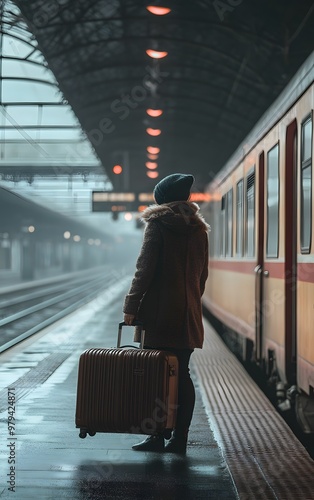 22 Person holding a suitcase at a train station, ready to embark on a new adventure photo