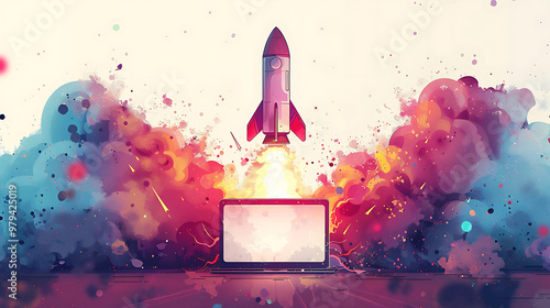 Startup Momentum Digital Rocket Launching from Laptop [created with generative AI technology]