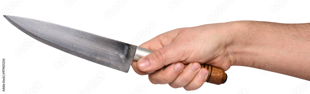 Obraz premium Hand holding a knife with a wooden handle used for cutting barbecue.