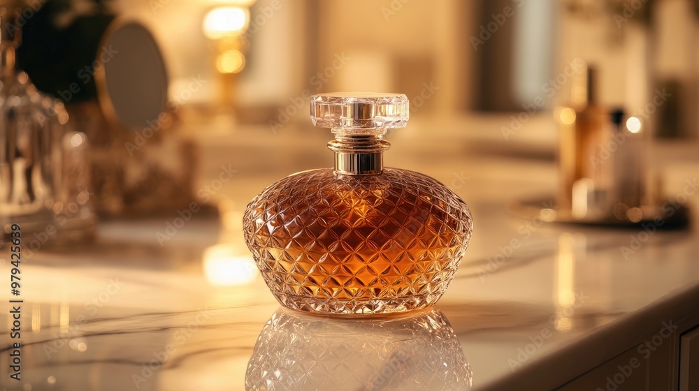 Close-up of an elegant perfume bottle with a glossy finish and intricate design, placed on a marble vanity with soft lighting Close-up of an elegant perfume bottle with a glossy finish and intricate design, placed on a marble vanity with soft lighting
