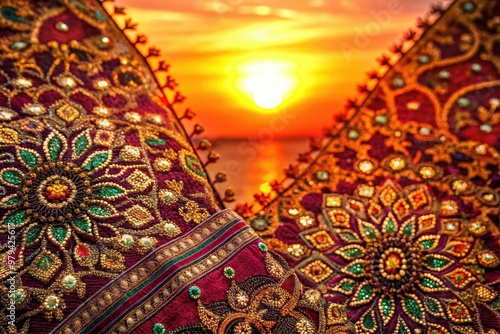 Rich Indian embroidery merged with ornate geometric patterns, set against a warm sunset backdrop, epitomizing opulence and luxury. photo