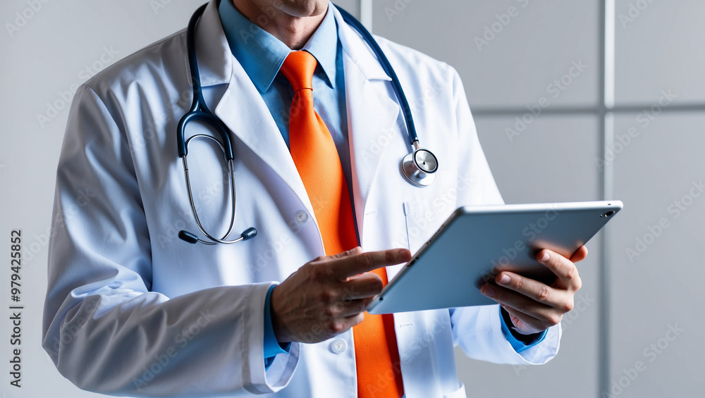 A doctor in a white coat, wearing a stethoscope and holding a tablet, dressed in professional attire with a vibrant orange tie, standing in a modern medical facility. A doctor in a white coat, wearing a stethoscope and holding a tablet, dressed in professional attire with a vibrant orange tie, standing in a modern medical facility.