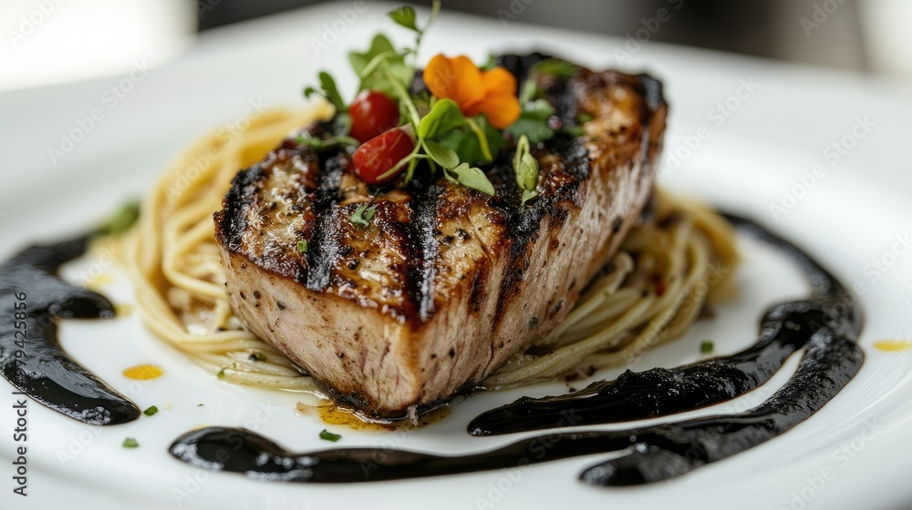 A gourmet dish of grilled tuna fish steak paired with black squid ink spaghetti, plated beautifully with vibrant garnish on a white table for fine dining. A gourmet dish of grilled tuna fish steak paired with black squid ink spaghetti, plated beautifully with vibrant garnish on a white table for fine dining.