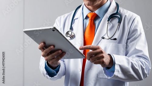 A doctor in a white coat, wearing a stethoscope and holding a tablet, dressed in professional attire with a vibrant orange tie, standing in a modern medical facility. photo