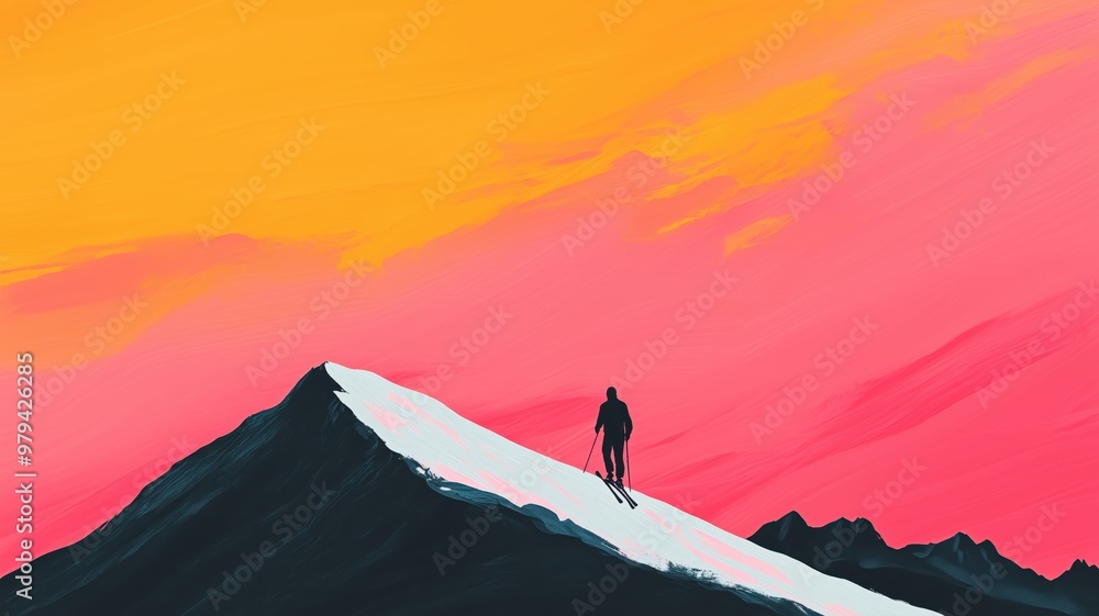 A lone hiker ascends a snow-covered peak against a vibrant sunset backdrop, showcasing nature's beauty and adventure spirit. A lone hiker ascends a snow-covered peak against a vibrant sunset backdrop, showcasing nature's beauty and adventure spirit.