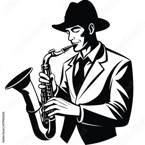 A man playing the saxophone with the words the he is playi