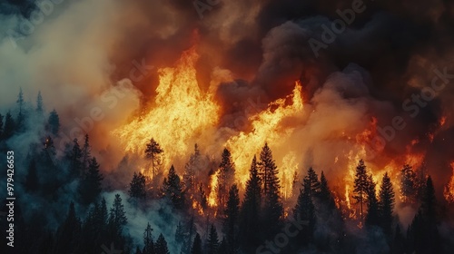 Close-up of thick, billowing smoke rising from a forest fire, with a dramatic backdrop of burning trees