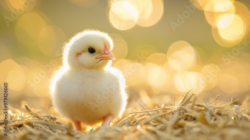 Fluffy baby chick sitting on straw with bokeh lights in the background, evoking springtime photo