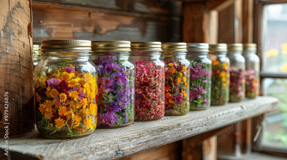 Vibrant dried flowers in an array of colors fill jars on a rustic shelf, illuminated by the warm light of late afternoon, creating a tranquil atmosphere Vibrant dried flowers in an array of colors fill jars on a rustic shelf, illuminated by the warm light of late afternoon, creating a tranquil atmosphere