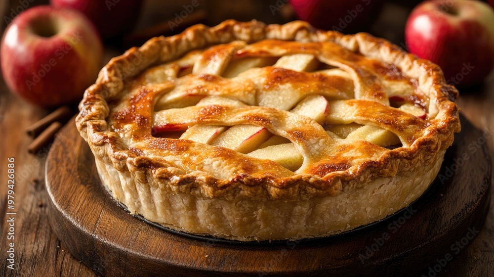 Close-up shot of a classic American apple pie with a flaky crust and apple filling Close-up shot of a classic American apple pie with a flaky crust and apple filling