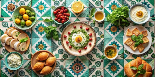 A bold, graphic composition showcases a colorful Lebanese breakfast spread, featuring geometric patterns, bright tiles, and a pop of fresh mint against a crisp white backdrop.