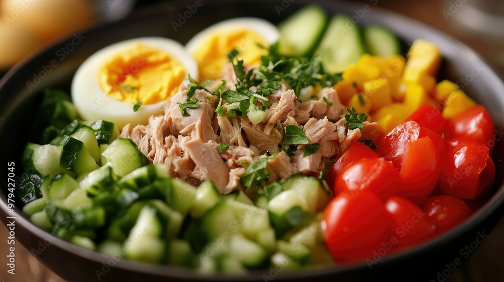A healthy salad bowl with tuna meat, boiled eggs, fresh vegetables, and a creamy sauce, garnished with herbs, creating a vibrant and balanced meal. A healthy salad bowl with tuna meat, boiled eggs, fresh vegetables, and a creamy sauce, garnished with herbs, creating a vibrant and balanced meal.