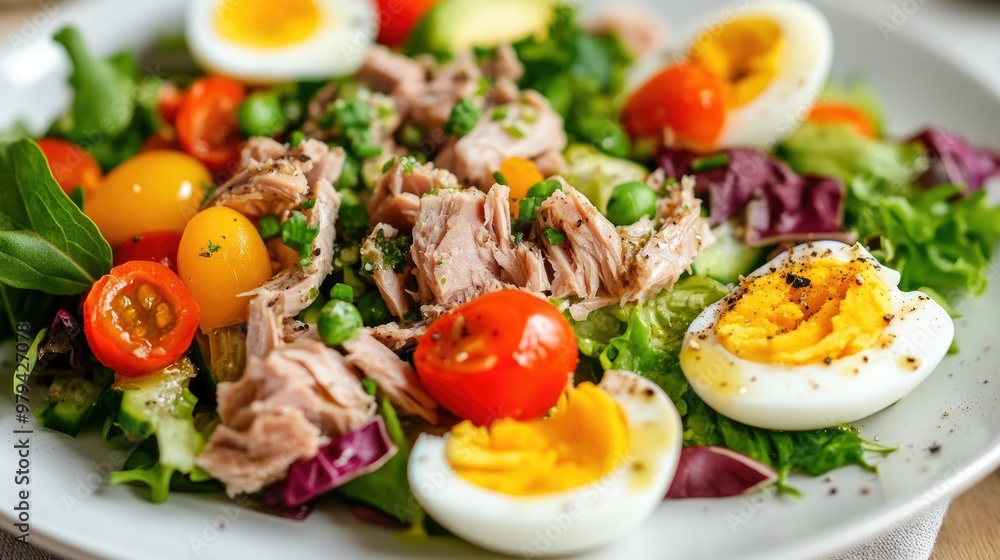 A healthy salad featuring tuna meat, boiled eggs, fresh greens, and colorful vegetables, drizzled with a light sauce, arranged beautifully on a white plate. A healthy salad featuring tuna meat, boiled eggs, fresh greens, and colorful vegetables, drizzled with a light sauce, arranged beautifully on a white plate.