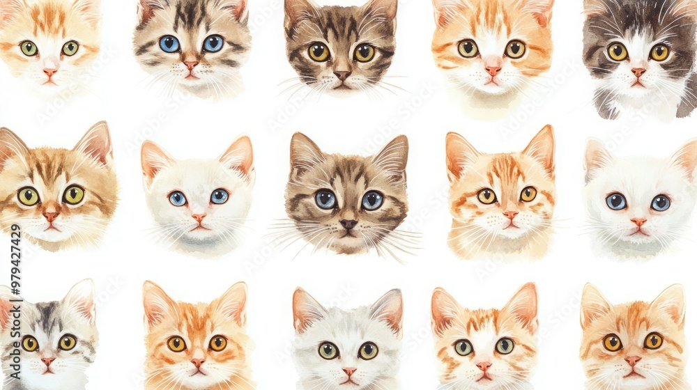 Fototapeta premium A collection of watercolor illustrations of cats with different fur colors and patterns.