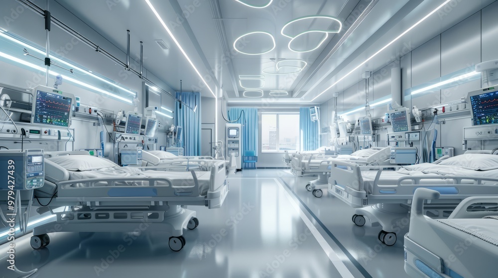 Obraz premium A spacious hospital ward filled with advanced medical equipment and empty beds, illuminated by natural light streaming through large windows