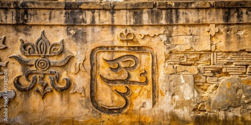 Ancient Indian script merging with minimalist shapes, on a worn stone wall, conveying a sense of history and wisdom.